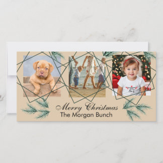Merry Christmas Modern Pineneedle 3 Photo Collage Holiday Card