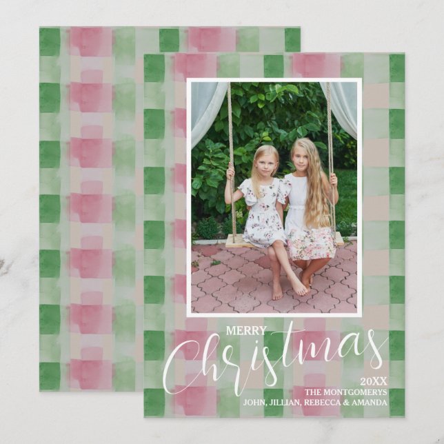 Merry Christmas Modern Pink and Green Plaid Photo Holiday Card (Front/Back)