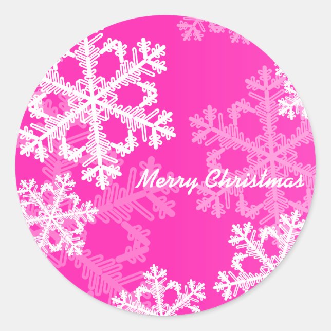 Merry Christmas Modern Pink Snowflakes Pattern  Classic Round Sticker (Front)