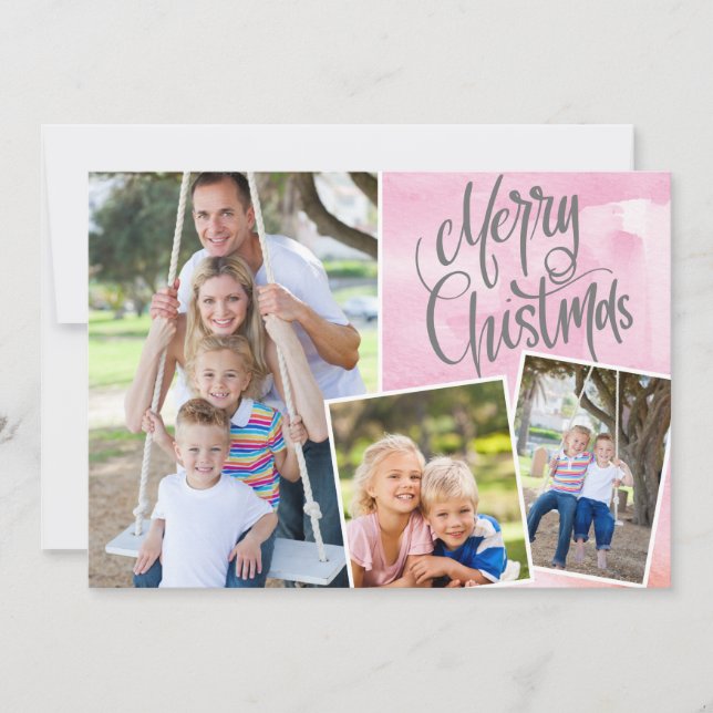 Merry Christmas Modern Pink Watercolor Three Photo (Front)