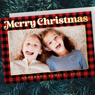 Merry Christmas Modern Plaid Pattern Family Photo