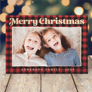 Merry Christmas Modern Plaid Pattern Family Photo Holiday Card