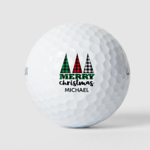 Merry Christmas Modern Plaid Trees Personalised Golf Balls