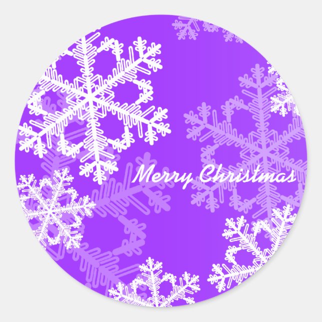 Merry Christmas Modern Purple Snowflakes Pattern  Classic Round Sticker (Front)