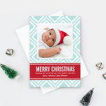 Merry Christmas Modern Red and Blue Ikat Photo Holiday Card<br><div class="desc">Unique global-inspired holiday card design features a light ice / aqua blue and white ikat diamond pattern with a modern rustic woven look and red ribbon stripe that frames the photo.  Personalise this stylish and unique card with your favourite portrait and custom text.</div>