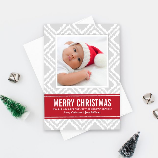 Merry Christmas Modern Red and Grey Ikat Photo Holiday Card (Creator Uploaded)