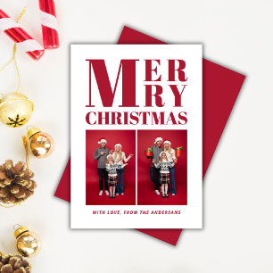 Merry Christmas Modern Red Family 2 Photo Collage Holiday Card