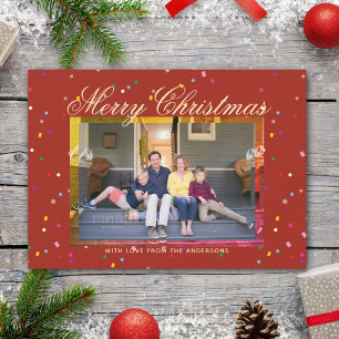 Merry Christmas Modern Red Gold Cute Family Photo Holiday Card