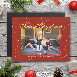 Merry Christmas Modern Red Gold Family Photo Card
