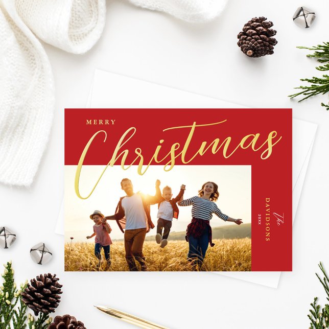 Merry Christmas Modern Red Gold Script Photo (Creator Uploaded)