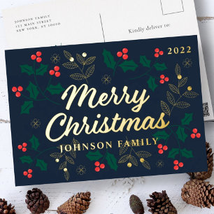 Merry Christmas Modern Red Holly Berries Foliage Foil Holiday Postcard