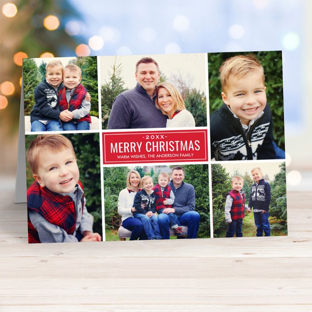 Merry Christmas Modern Red Photo Collage Holiday Card (Creator Uploaded)