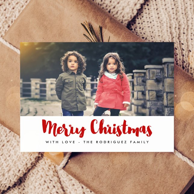 Merry Christmas modern red & white photo Postcard (Creator Uploaded)