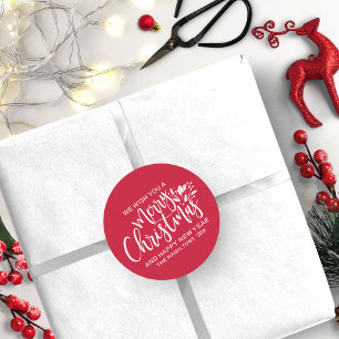 Merry Christmas Modern Red White Script Classic Round Sticker