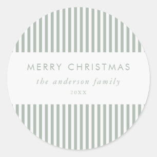Merry Christmas Modern Sage Green Stripes Classic Round Sticker