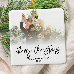 Merry Christmas Modern Script 2 Photo Ceramic Ornament