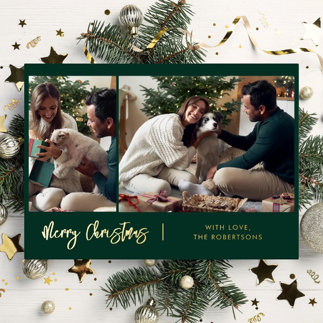 Merry Christmas Modern Script 2 Photos Gold (Christmas Holidays Family Photos Greetings Gold Foil Card)
