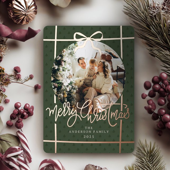 Merry Christmas Modern Script Bow Green 1 Photo (Rose Gold Foil Merry Christmas Calligraphy  Green Tree Pattern Holiday Photo Card)