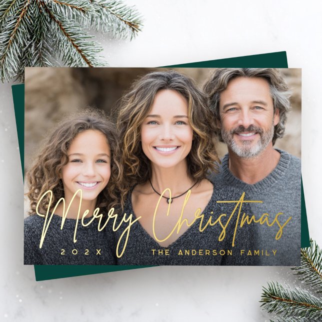 Merry Christmas modern script deep green photo (Merry Christmas modern script deep green photo Foil Holiday Card)