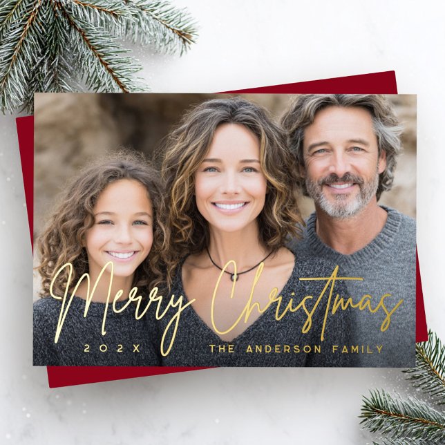 Merry Christmas modern script deep red photo (Merry Christmas modern script deep red photo Foil Holiday Card)