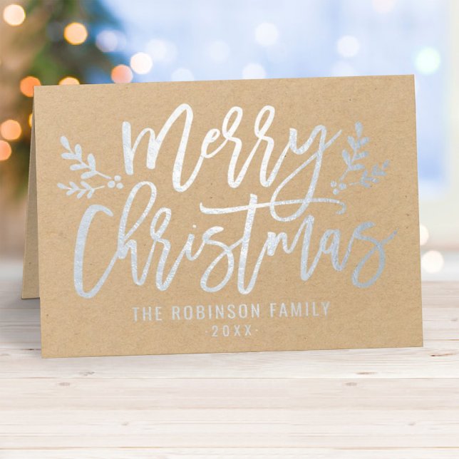 Merry Christmas Modern Script Holiday Photo Silver Foil Card (Creator Uploaded)