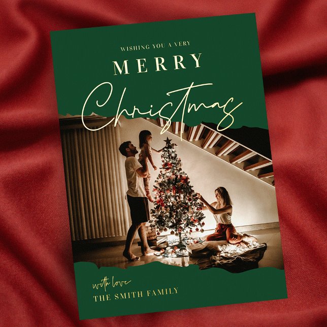Merry Christmas Modern Script One Photo Foil Card (Stand out and impress with these elegant festive green and gold foil one photo holiday cards)