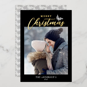 Merry Christmas Modern Script Photo Black Gold