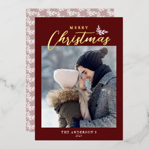 Merry Christmas Modern Script Photo Red Gold