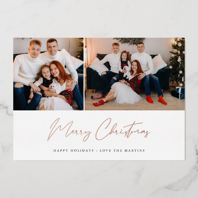 Merry Christmas Modern Script Two Photo Card (Front)