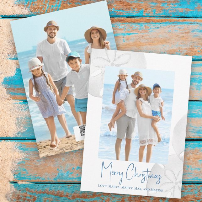 Merry Christmas Modern Simple Blue Sand Dollar  Holiday Card (Christmas Holiday Tropical Blue Beach Photo Card with a two-photo template.)