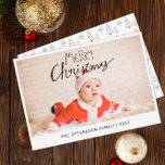 Merry Christmas modern simple photo Holiday Card<br><div class="desc">Send this simple and modern flat Christmas card to your family and friends. This Christmas card is personalizable by adding one of your favourite photos, your family name, and year, and features a trendy overlay text that reads "Merry Christmas" in modern handwritten fonts. The back of the card presents a...</div>
