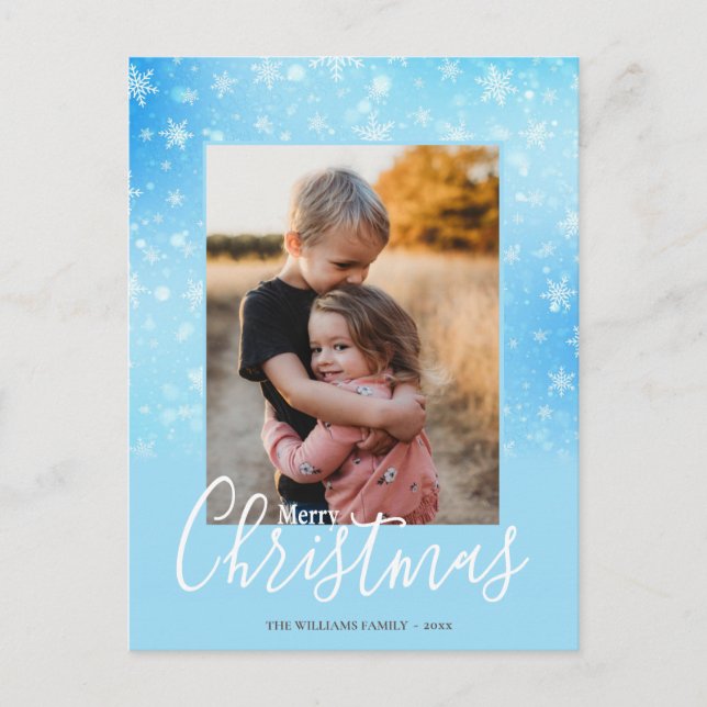 Merry Christmas Modern Snowy Winter Blue Photo Holiday Postcard (Front)