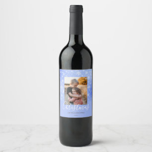 Merry Christmas Modern Snowy Winter Blue Photo Wine Label