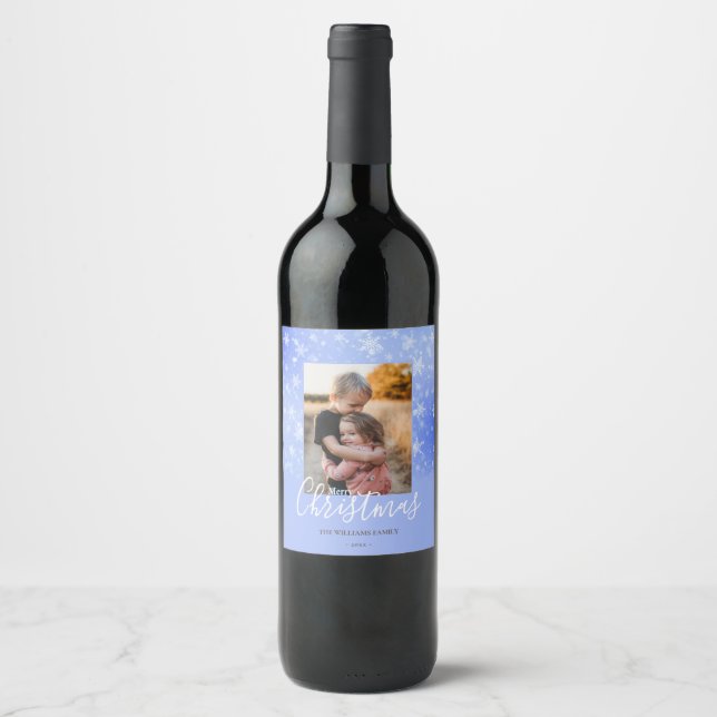 Merry Christmas Modern Snowy Winter Blue Photo Wine Label (Front)