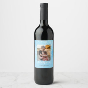 Merry Christmas Modern Snowy Winter Blue Photo Wine Label