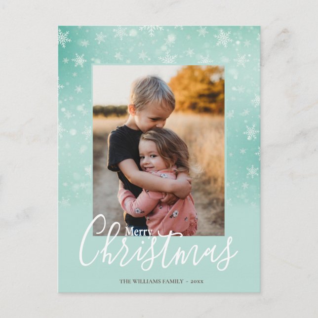 Merry Christmas Modern Snowy Winter Green Photo Holiday Postcard (Front)
