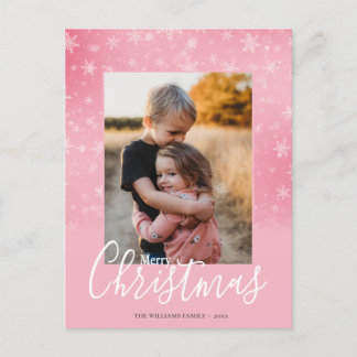 Merry Christmas Modern Snowy Winter Pink Photo Holiday Postcard