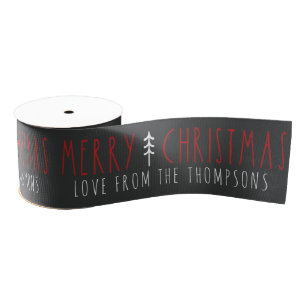Merry Christmas Modern Tree Personalised Name Grosgrain Ribbon