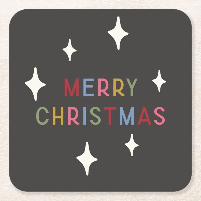 Merry Christmas Modern Typography Colourful Square Paper Coaster (Front)