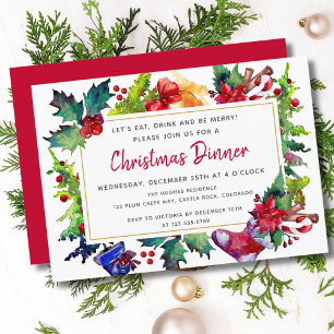 Merry Christmas Modern Watercolor Christmas Dinner Invitation