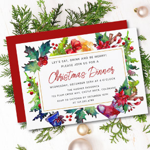 Merry Christmas Modern Watercolor Christmas Dinner Invitation