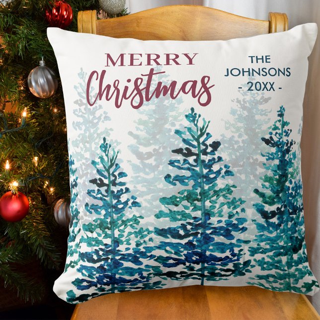 Merry Christmas Modern Watercolor Forest Trees Cushion (Stylishly Personalize with Your Custom Name & Year)