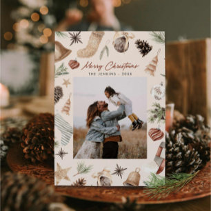 Merry Christmas Modern Watercolor One Photo Holiday Card