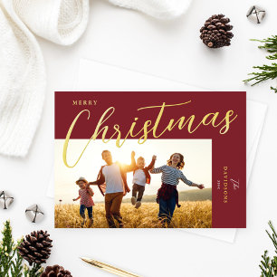 Merry Christmas Modern Wine Gold Script Photo