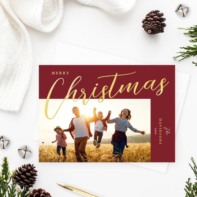 Merry Christmas Modern Wine Gold Script Photo (Creator Uploaded)