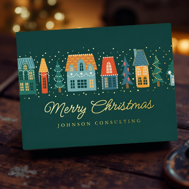 Merry Christmas Modern Winter Snow Village Foil Holiday Postcard (Creator Uploaded)