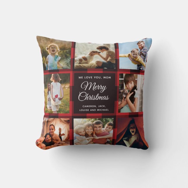 Merry Christmas Mom Red Plaid Family Photo Collage Cushion (Front)
