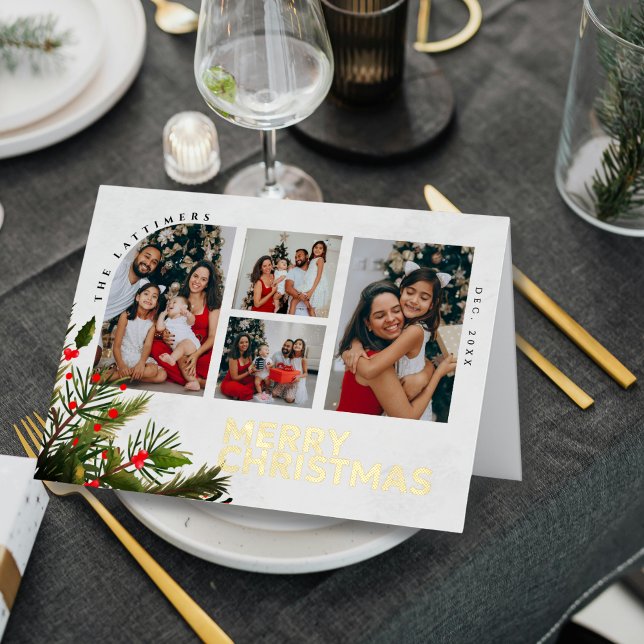 Merry Christmas Moments Photos Wrapped in Joy Foil Holiday Card (A timeless Christmas card design to showcase your family’s favorite holiday moments.)