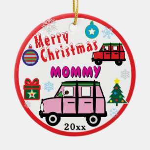 Merry Christmas Mommy Pink Car Kids PHOTO Ceramic Tree Decoration