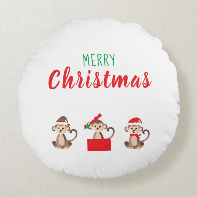 Merry Christmas Monkey Wearing Christmas Hat Round Cushion (Front)
